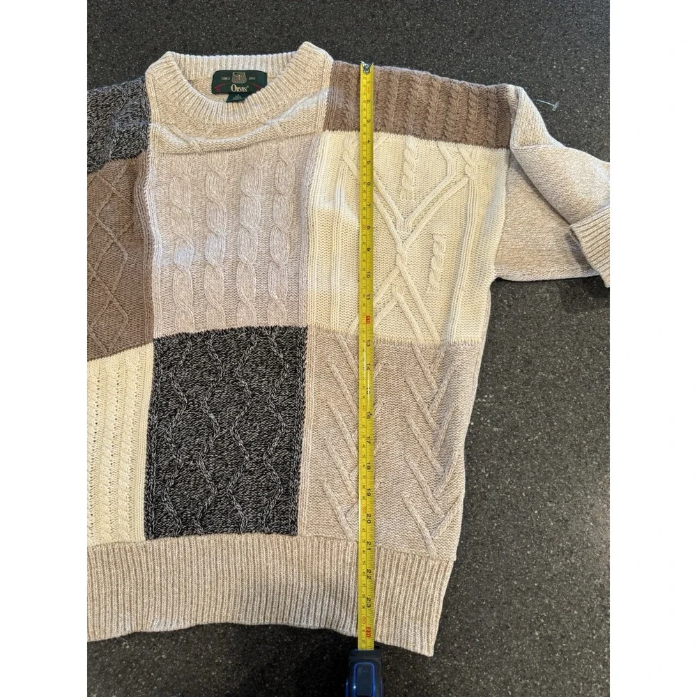 Orvis Mens Patchwork Sweater L Beige‎ Brown Gray Colorblock Cable Knit Crewneck